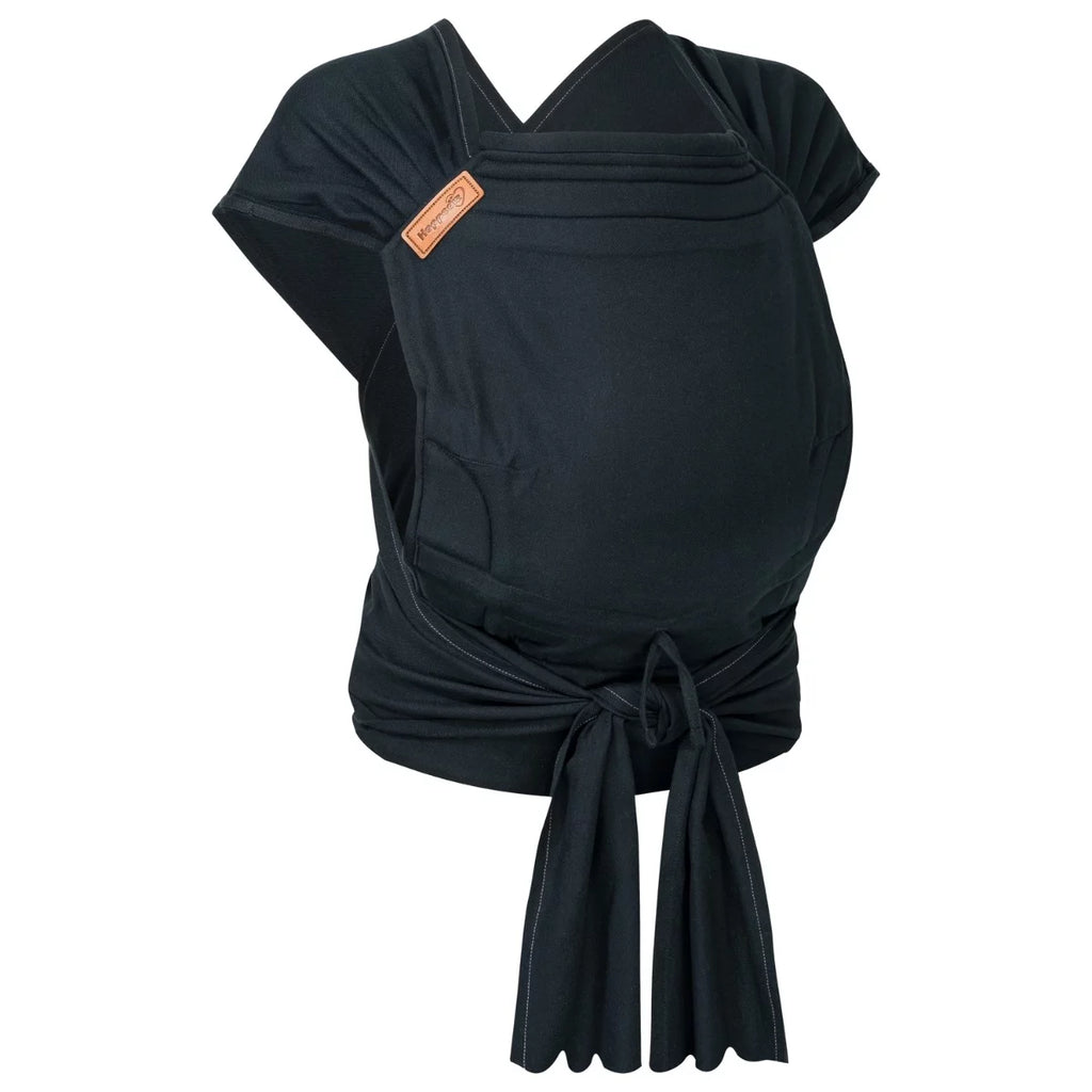 Porta-bebés Hoppediz Hop-Tye Advanced preto, modelo half-buckle, com alças cruzadas e fecho de amarração na cintura.