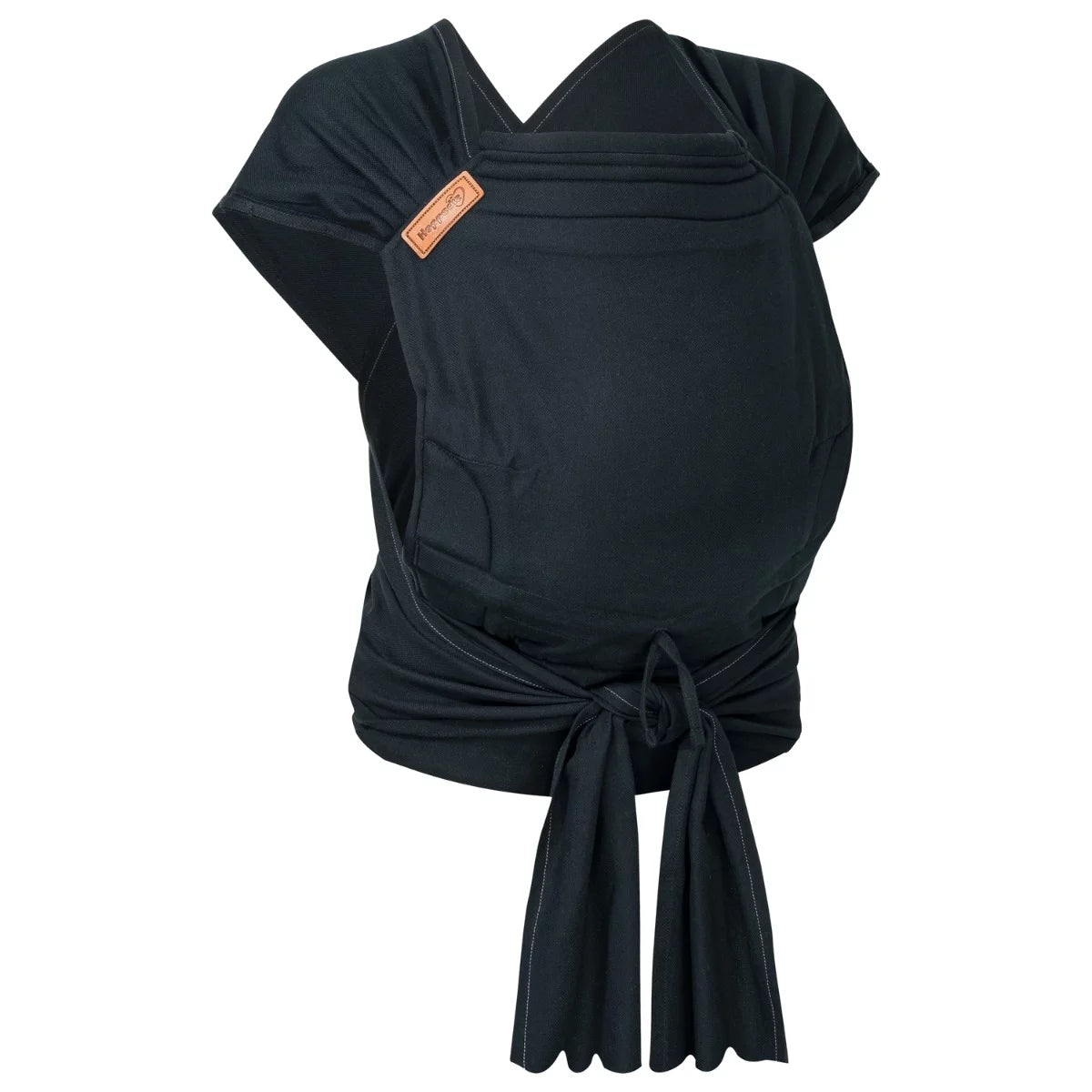 Porta-bebés Hoppediz Hop-Tye Advanced preto, modelo half-buckle, com alças cruzadas e fecho de amarração na cintura.