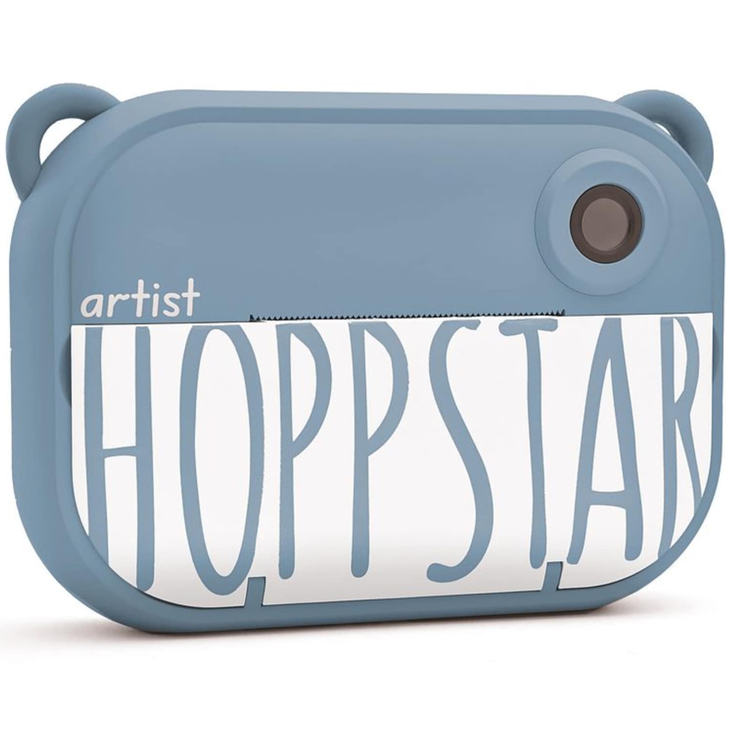 Vista frontal da câmara digital infantil Hoppstar Artist em cor azul denim, destacando o design robusto e a lente principal.