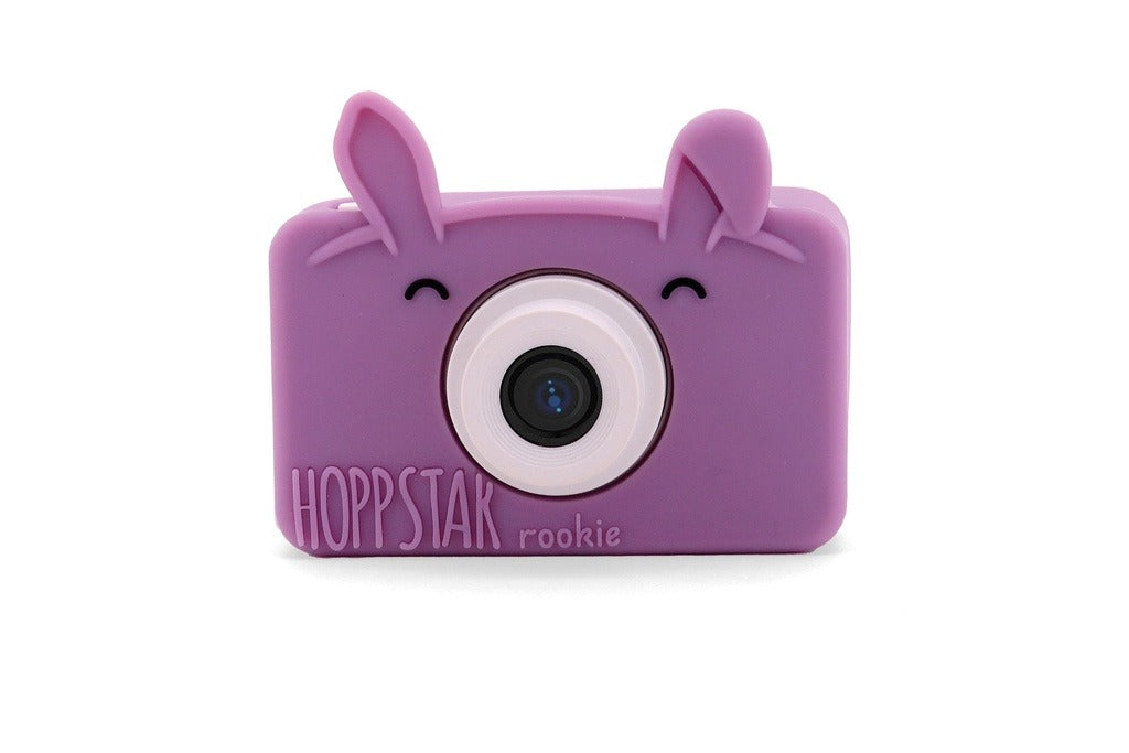 Câmara digital infantil Hoppstar Rookie Blossom roxa com capa de silicone em forma de coelho, vista frontal.