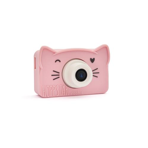 Máquina fotográfica infantil Hoppstar Rookie Blush com capa de silicone rosa em formato de gato, vista frontal.