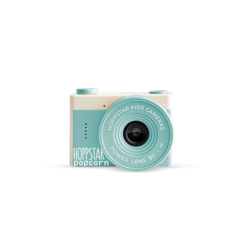 Maquina fotografica digital infantil Hoppstar Popcorn Breeze em azul pastel com design vintage e botoes grandes.