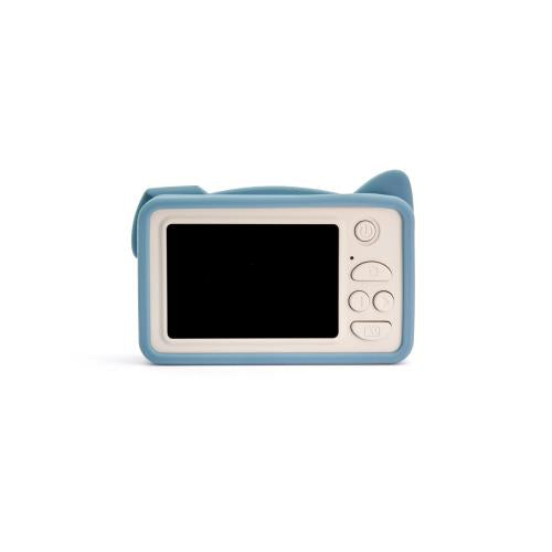 Vista traseira da máquina fotográfica infantil Hoppstar Rookie Yale, mostrando o ecrã de 2 polegadas e os botões grandes de controlo em cor creme.