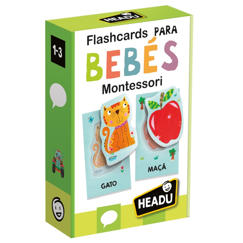 Embalagem dos Headu - Flashcards para Bebés Montessori PORTUGUÊS, mostrando o design colorido e as ilustrações apelativas.
