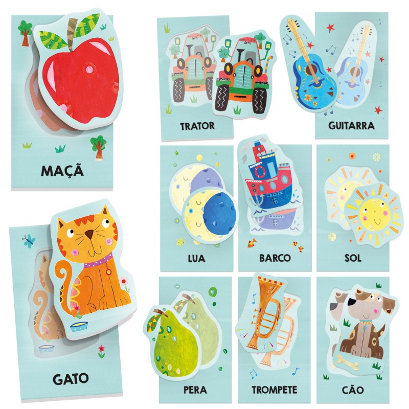 Visão geral dos Headu - Flashcards para Bebés Montessori PORTUGUÊS, exibindo as diferentes cartas com imagens de animais e objetos, juntamente com as peças de encaixe.