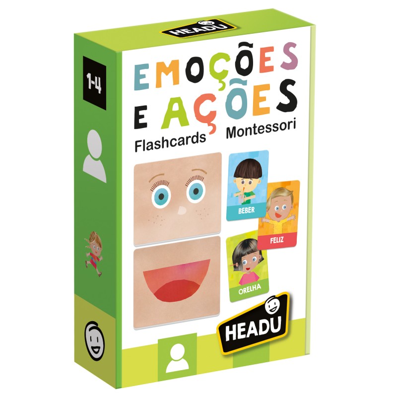 Embalagem dos Headu Flashcards Emoções e Ações em Português, mostrando o título, idade 1-4 anos, e exemplos de cartas com expressões faciais e palavras como "BEBER" e "FELIZ".