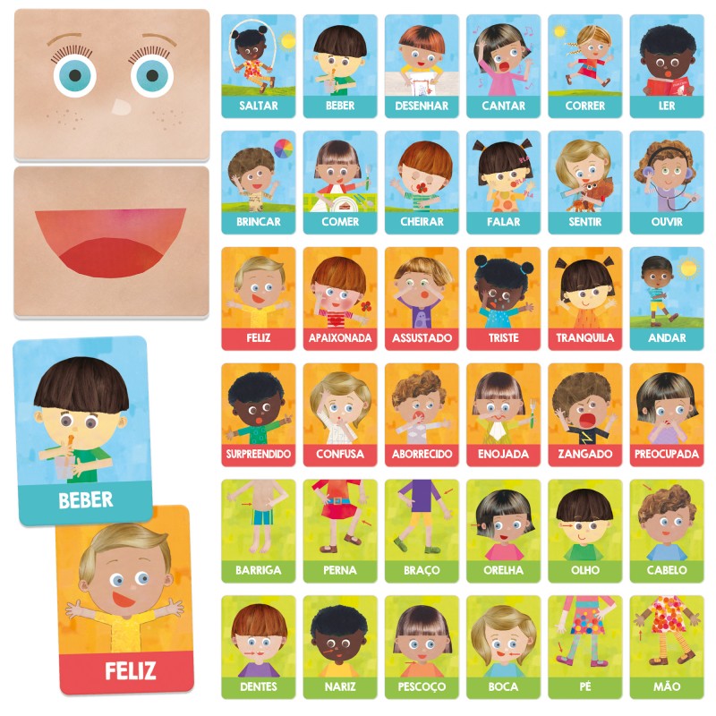 Conjunto completo de Headu Flashcards Emoções e Ações em Português espalhados, exibindo diversas cartas com ilustrações de ações (saltar, beber), emoções (feliz, triste), e partes do corpo (barriga, olho).