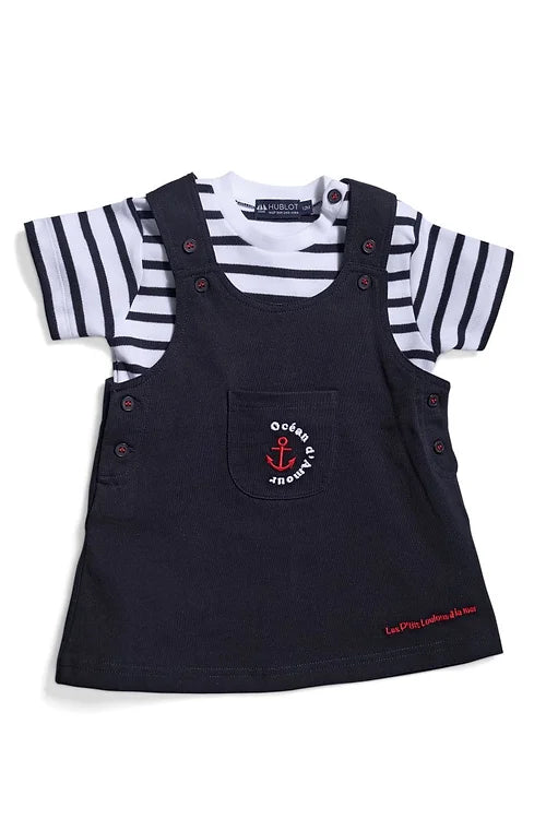 Conjunto Hublot Mode Marine para menina: vestido de algodão azul-marinho com padrão de âncoras e t-shirt de marinheiro listrada.