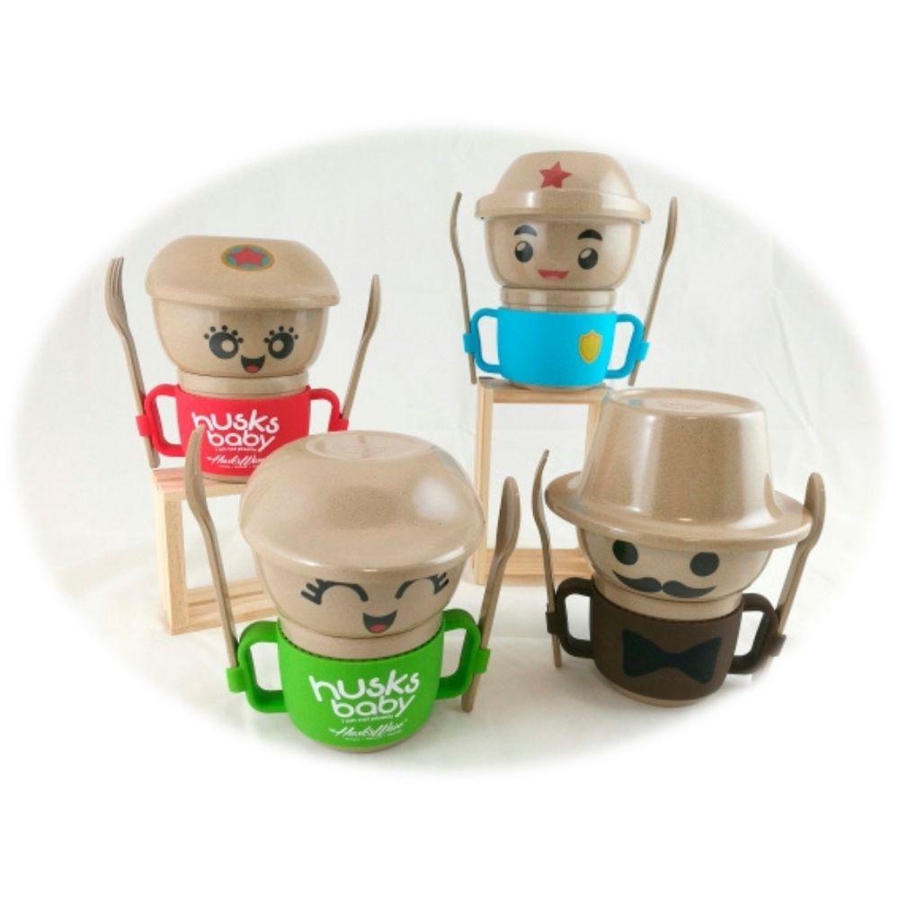 [Conjunto de refeição infantil Husk's Baby de 5 peças em fibra de arroz natural com prato, taça e talheres.]