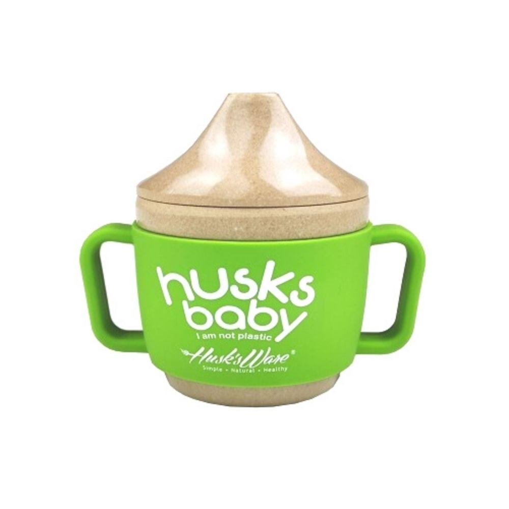 Copo de transição da Husk's Baby em verde com asas ergonómicas para bebé.