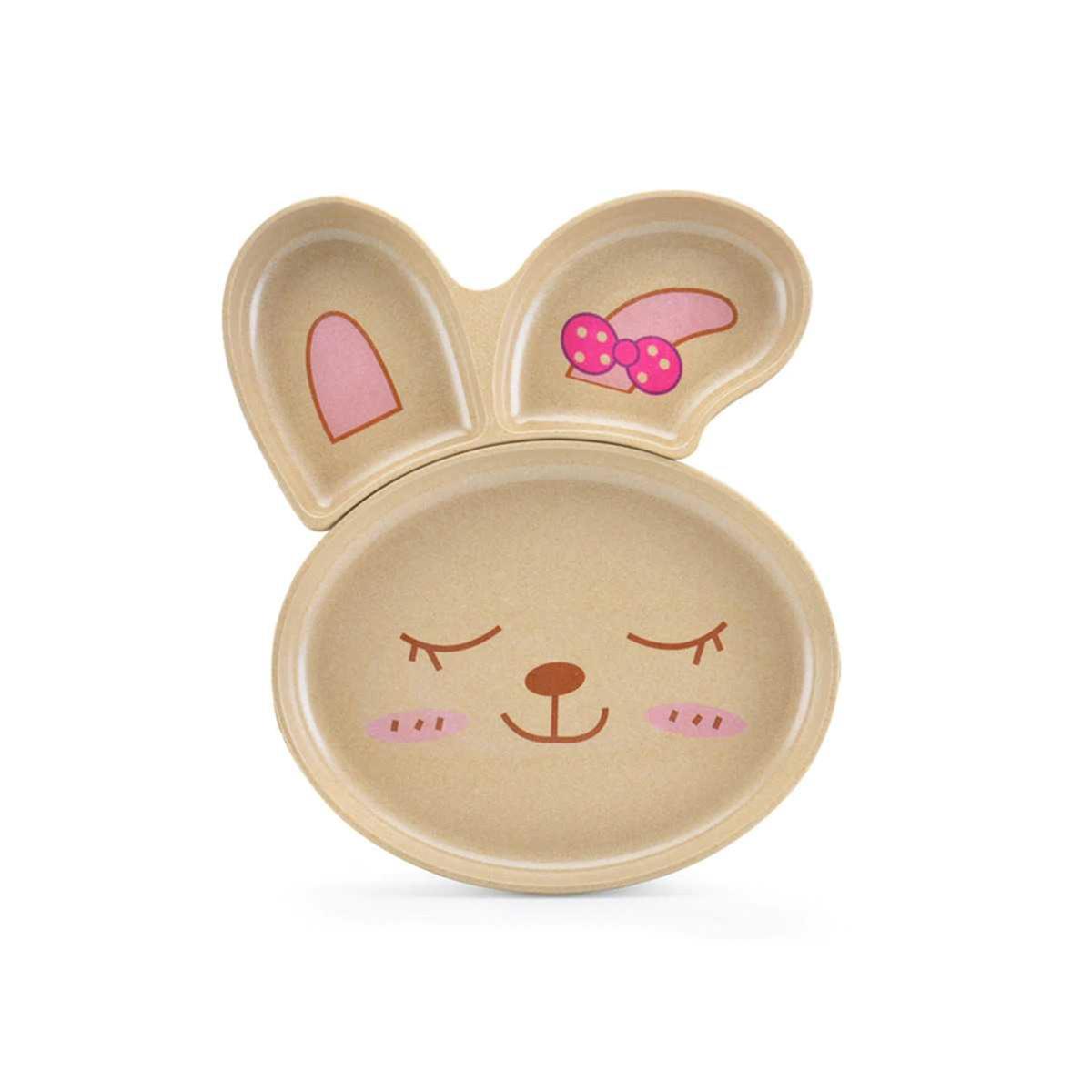 Set de 2 pratos ecológicos HUSK'S BABY em forma de coelhinha, um bege e outro verde menta, empilhados sobre fundo branco.
