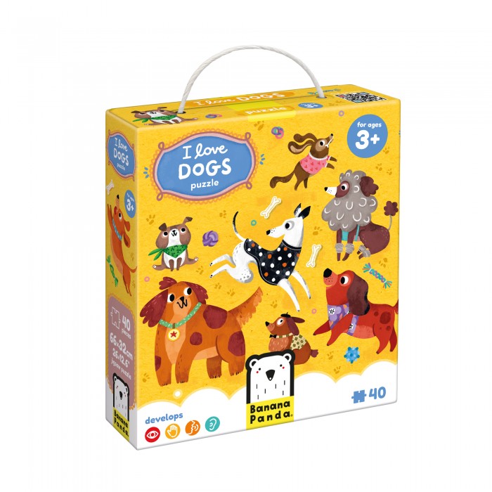 Caixa do puzzle Banana Panda I Love Dogs, amarela, com cães ilustrados, indicação "for ages 3+", 40 peças e dimensões 66x32cm.