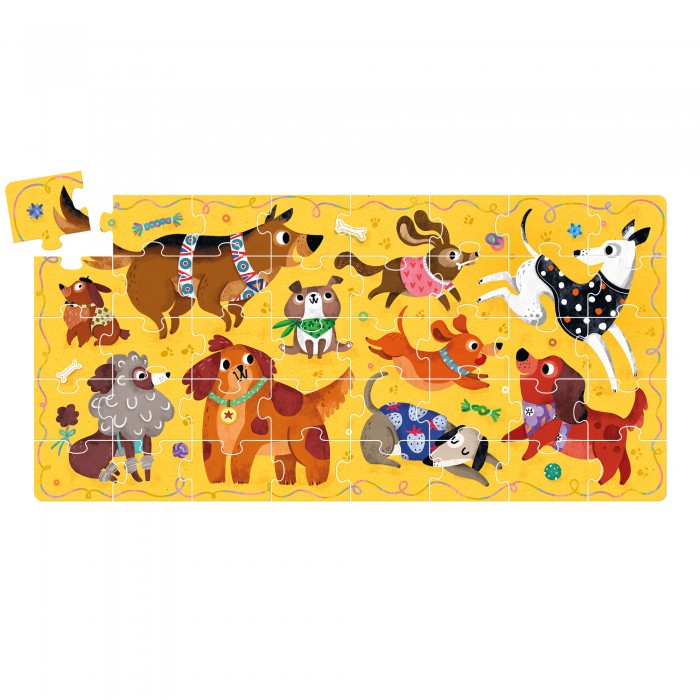 Puzzle Banana Panda I Love Dogs parcialmente montado, mostrando vários cães ilustrados de forma divertida num fundo amarelo.