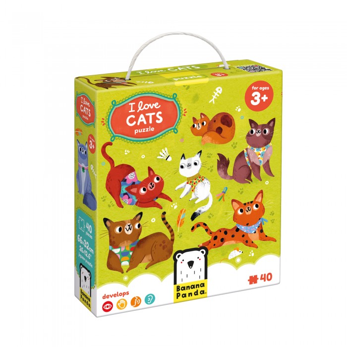 Caixa do puzzle Banana Panda I Love Cats com ilustração de gatos coloridos e indicação de 40 peças e idade 3+