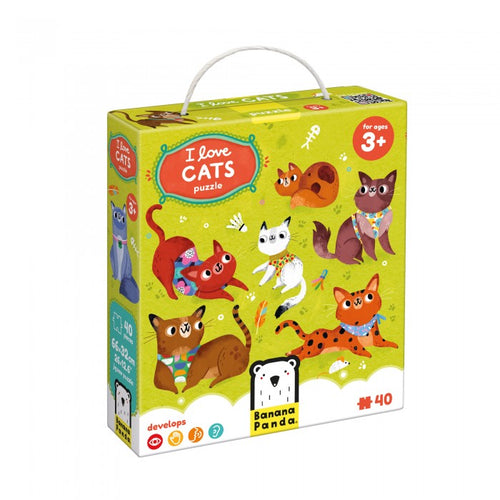 Caixa do puzzle Banana Panda I Love Cats com ilustração de gatos coloridos e indicação de 40 peças e idade 3+