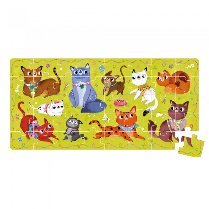 Puzzle Banana Panda I Love Cats parcialmente montado, mostrando dez gatos coloridos em fundo verde, com uma peça solta.