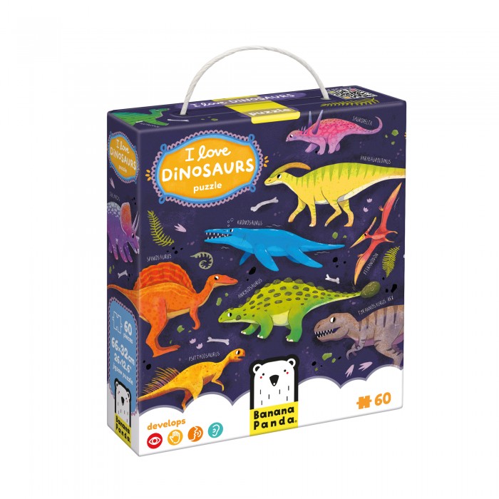 Caixa do puzzle Banana Panda I Love Dinosaurs com alça, ilustrada com dinossauros coloridos e o logótipo da marca.