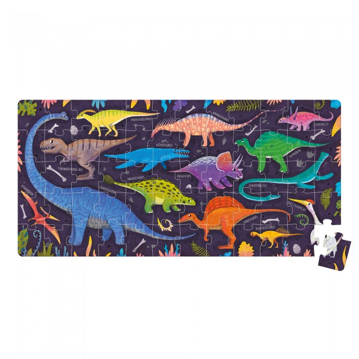 Puzzle Banana Panda I Love Dinosaurs montado, apresentando uma cena vibrante de dinossauros coloridos em paisagem pré-histórica, com uma peça solta.