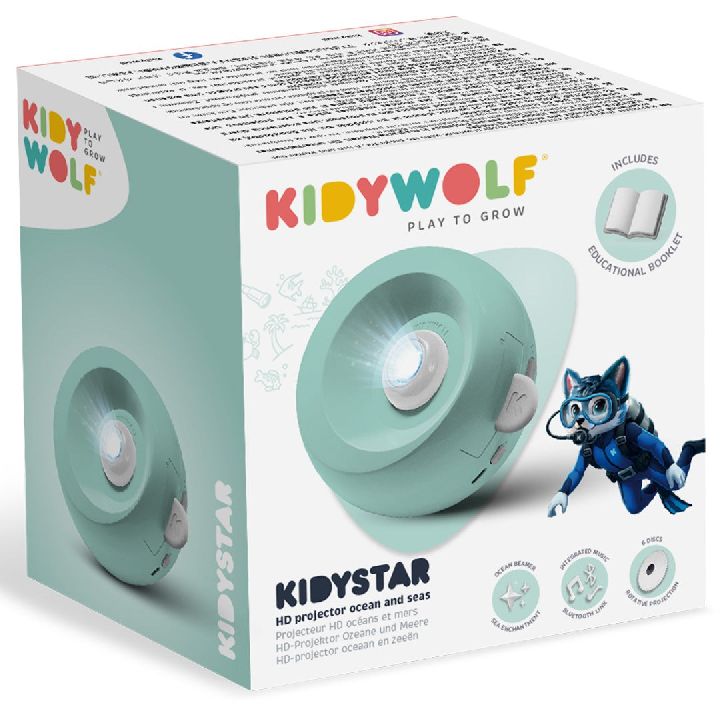 Caixa do projetor KidyStar HD da KidyWolf, mostrando o design esférico e o conteúdo incluído, como discos e livro educativo.