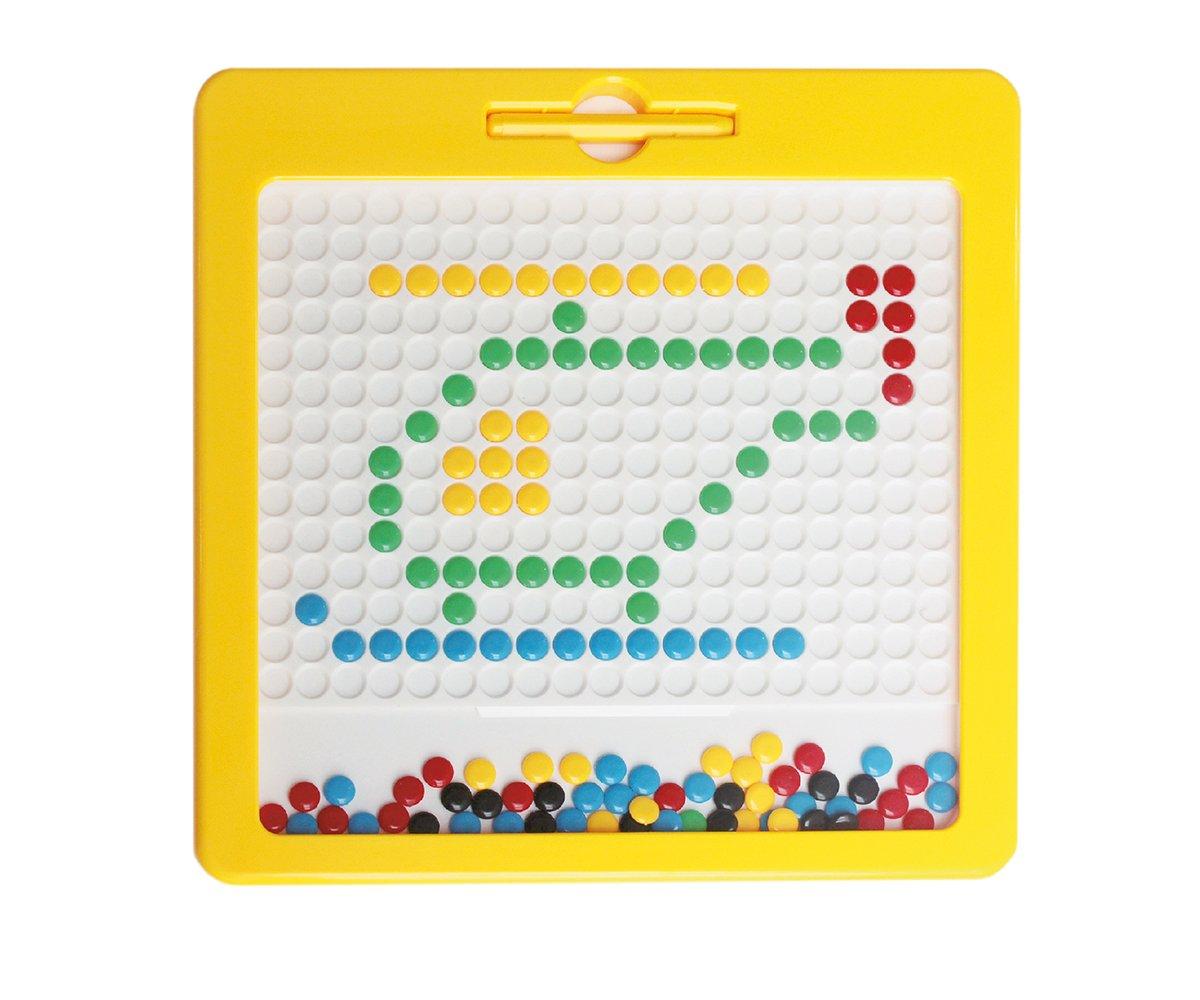 Tabuleiro Imadots com um desenho de helicóptero formado por contas magnéticas coloridas.