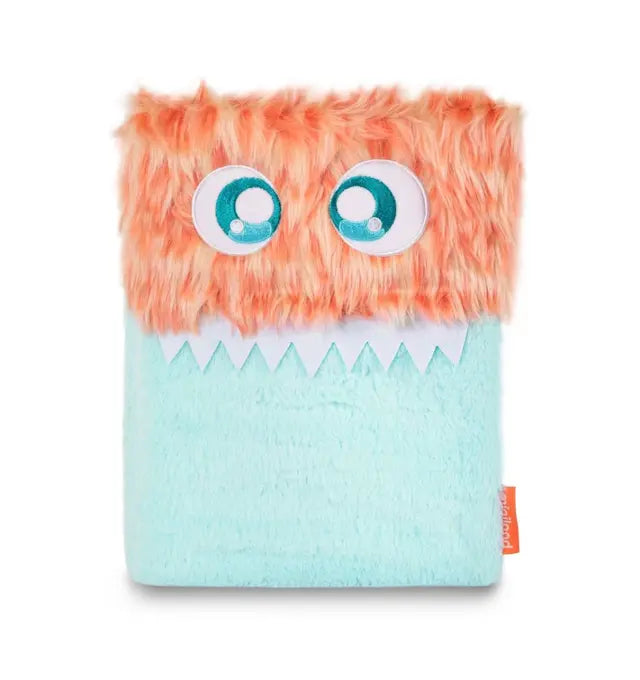 Miniland Livro sensorial Monstro fechado, com textura peluda laranja na parte superior e azul-claro na inferior, olhos grandes e dentes de feltro brancos.
