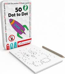 Caixa compacta do jogo "50 Dot to Dot" da The Purple Cow, mostrando um foguetão desenhado com pontos e um lápis sobre uma folha de atividades.