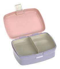 Lassig lancheira Lunchbox Rainbow aberta, revelando o interior com dois compartimentos separados pelo divisor removível.