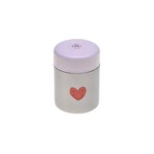 Termo para alimentos Lässig 350ml Heart Lavender em aço inoxidável com tampa lavanda, exibindo o coração sorridente.