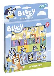 Embalagem do Totum Set de Autocolantes Bluey, mostrando os personagens principais e a recomendação etária 3+.