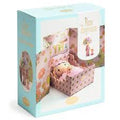 Embalagem externa da Djeco Figurinhas Tinyly - Rose Tinyroom, mostrando a caixa azul clara aberta para revelar o quarto cor-de-rosa com a figura Rose e a sua companheira na cama.