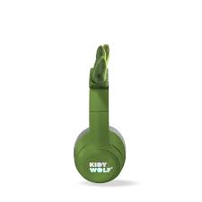 Vista lateral dos headphones KidyWolf verdes no seu formato dobrado, realçando a sua portabilidade e design compacto para fácil arrumação.