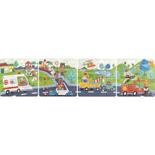 Os quatro puzzles de veículos de resgate da Hape completos e alinhados, exibindo as cenas de uma ambulância, carro da polícia e camião de bombeiros.