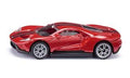 Miniatura SIKU do carro desportivo Ford GT de cor vermelha, vista de perfil, destacando o design aerodinâmico e as jantes cinzentas, sobre fundo branco.