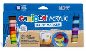 Embalagem de 18 marcadores acrílicos CARIOCA Paint Marker exibindo a gama de cores, a ponta de pincel e a capacidade de pintar em todas as superfícies.