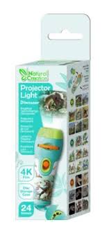 Caixa de embalagem do Projetor de Luz Natural Creation na versão Dinossauro, destacando a qualidade 4K e os 24 slides incluídos.