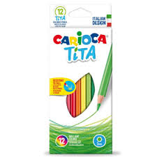 Embalagem dos lápis de cor Carioca Tita com 12 unidades, exibindo o design italiano e a variedade de cores vibrantes.