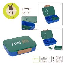 Lassig lancheira Lunchbox Rainbow Green com vista geral do produto fechado e aberto, destacando compartimentos e ícones de segurança.