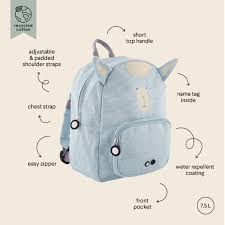 Infografia da mochila Trixie Alpaca destacando características como alças acolchoadas, fivela peitoral, revestimento repelente à água e etiqueta de nome interior. Capacidade de 7.5L indicada.