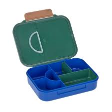 Lassig lancheira Lunchbox Rainbow Green com vista geral do produto fechado e aberto, destacando compartimentos e ícones de segurança.
