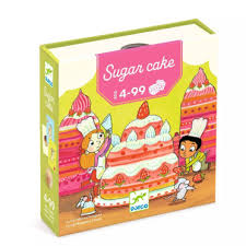 Caixa do jogo de tabuleiro Djeco Sugar cake com ilustrações de crianças e ratos a preparar um bolo gigante, indicando a faixa etária 4-99.