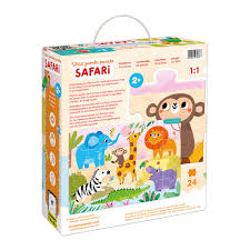 Vista lateral da caixa do puzzle Banana Panda Primeiro Jumbo Safari, exibindo detalhes das peças e ilustrações de animais.