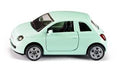 Miniatura de um carro Fiat 500 clássico em cor verde-água claro, vista de lado com foco no design compacto e detalhes da carroçaria.