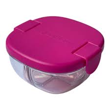 Tigela de lanche Yumbox fechada, vista de cima, com tampa cor de rosa vivo e fechos laterais.