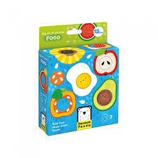 Caixa do puzzle "My First Puzzle: Food" da Banana Panda, com ilustrações de alimentos coloridos como melancia, ovo estrelado, maçã e abacate.