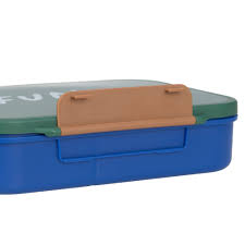 Detalhe do fecho de segurança castanho da Lassig lancheira Lunchbox Rainbow Green.