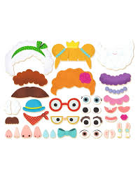 Conjunto das 41 peças magnéticas de madeira do jogo Djeco Retratos, incluindo olhos, cabelos, óculos e outros acessórios.