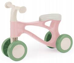 Scooter de equilíbrio de três rodas, modelo Lena, na cor rosa claro e verde, vista de perfil sobre fundo branco.