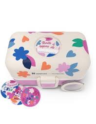 Lancheira Monbento MB Tresor Catimi pink com padrão floral e autocolantes redondos de personalização ao lado.
