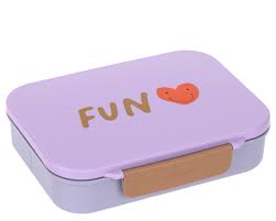 Lancheira Lassig Lunchbox Heart Purple com vista geral, aberta e fechada, mostrando compartimentos e dimensões.
