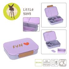 Lancheira Lassig Lunchbox Heart Purple com vista geral, aberta e fechada, mostrando compartimentos e dimensões.